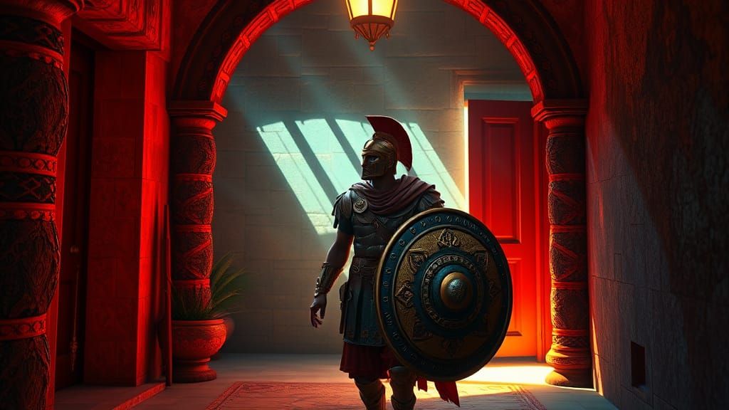Roman Soldier Enters a Welcoming Home in a Fantastical Realm
