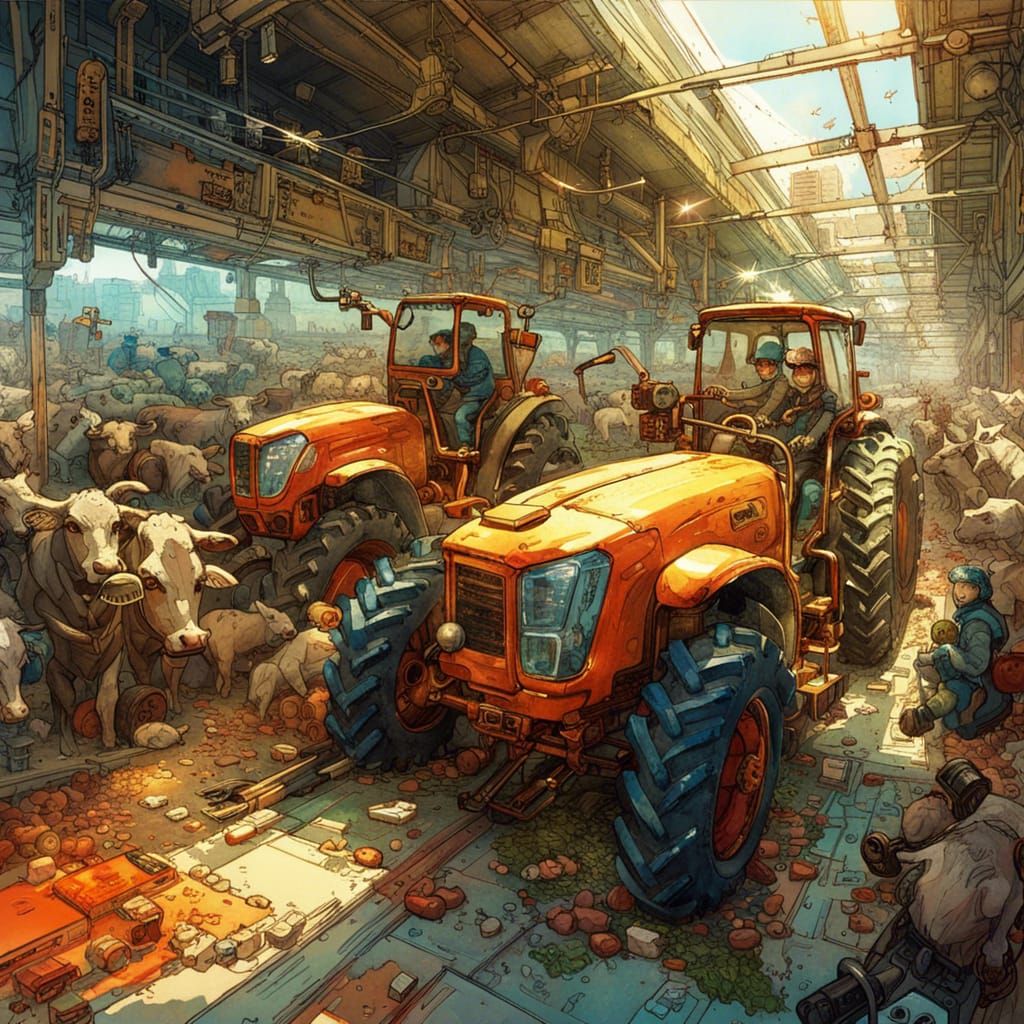 Cows Driving Tractors in Maximalist Fantasy Style