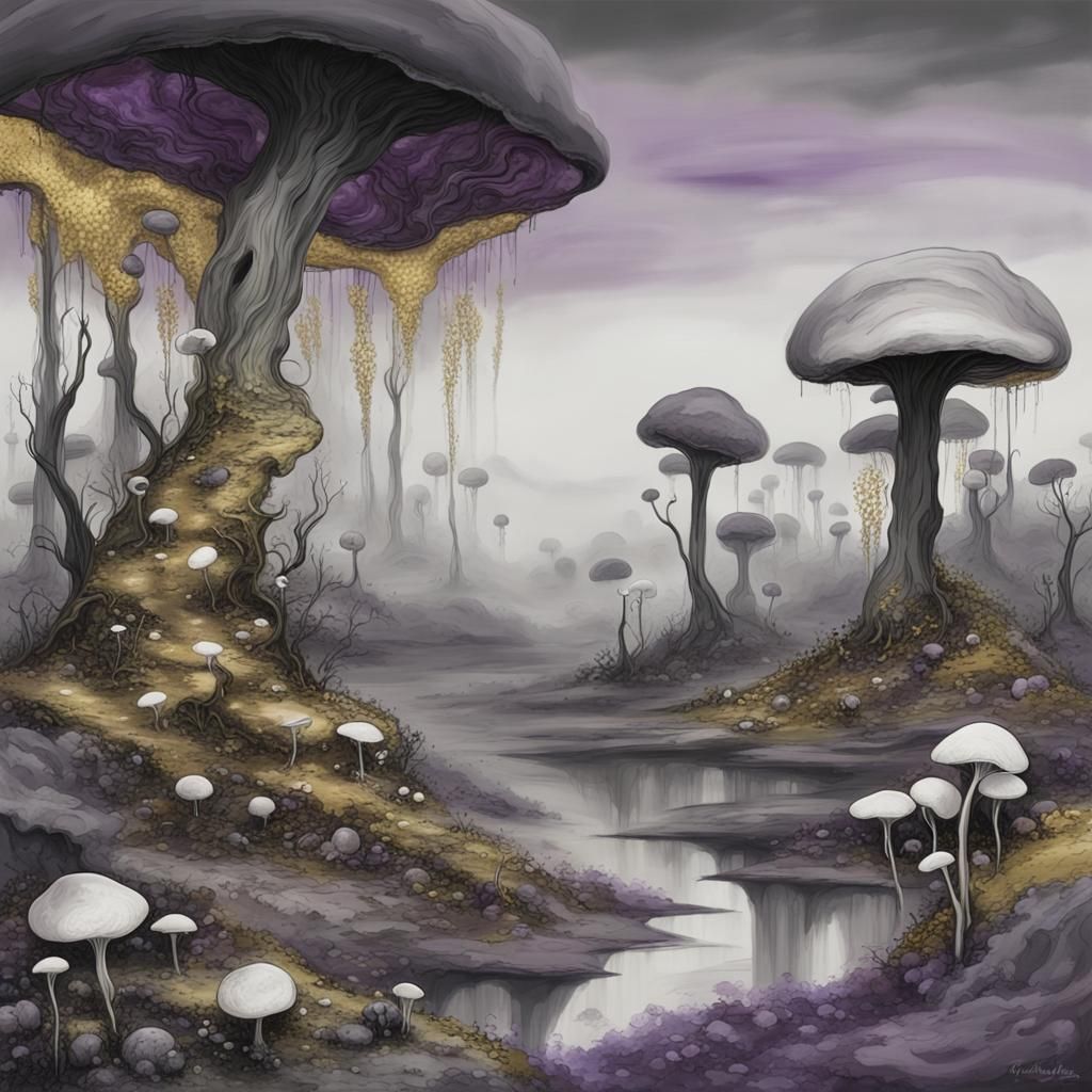 Sombre Fantasy Landscape with Fungal Growths