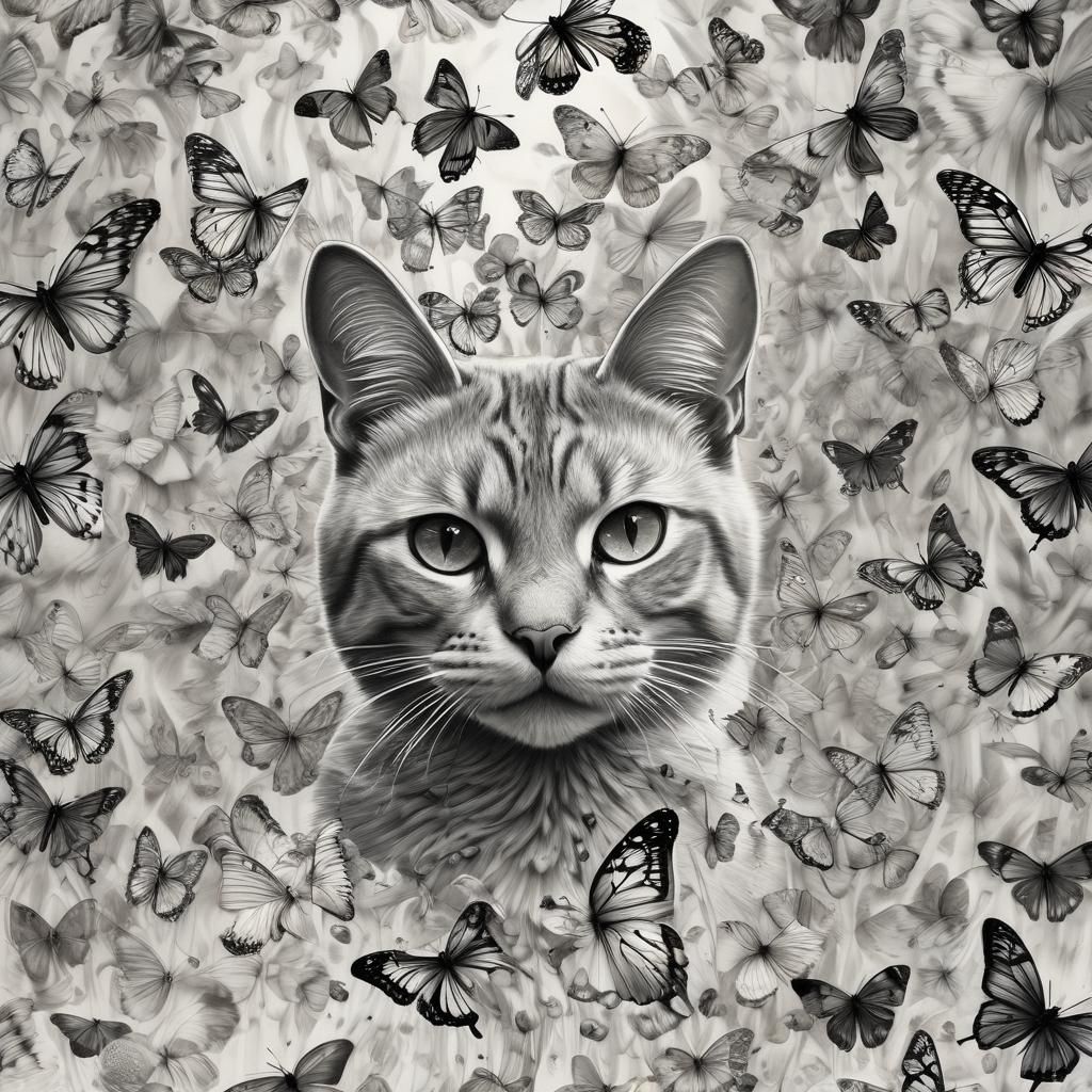 Cat Metamorphosis: Detailed Pencil Drawing of Butterflies