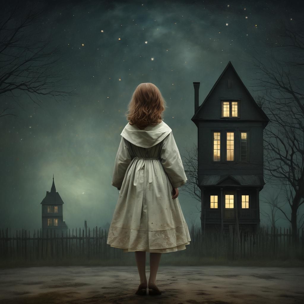 Girl Flees House by Starlight: Surreal Digital Art