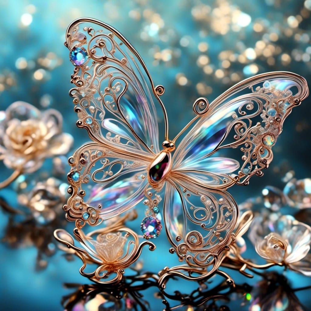 Hyperreal Glass Butterfly on Rose, Iridescent Wings