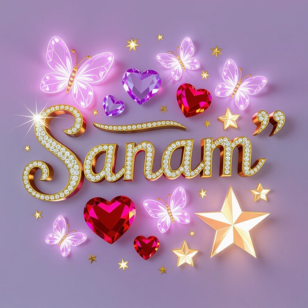 Sanam Name Art: Gold, Diamonds, Crystals in Romantic Style