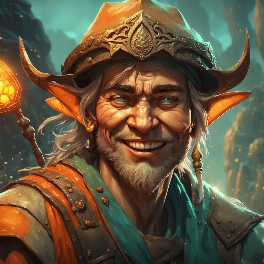 Happy Elven Miner Concept Art in Orange and Teal