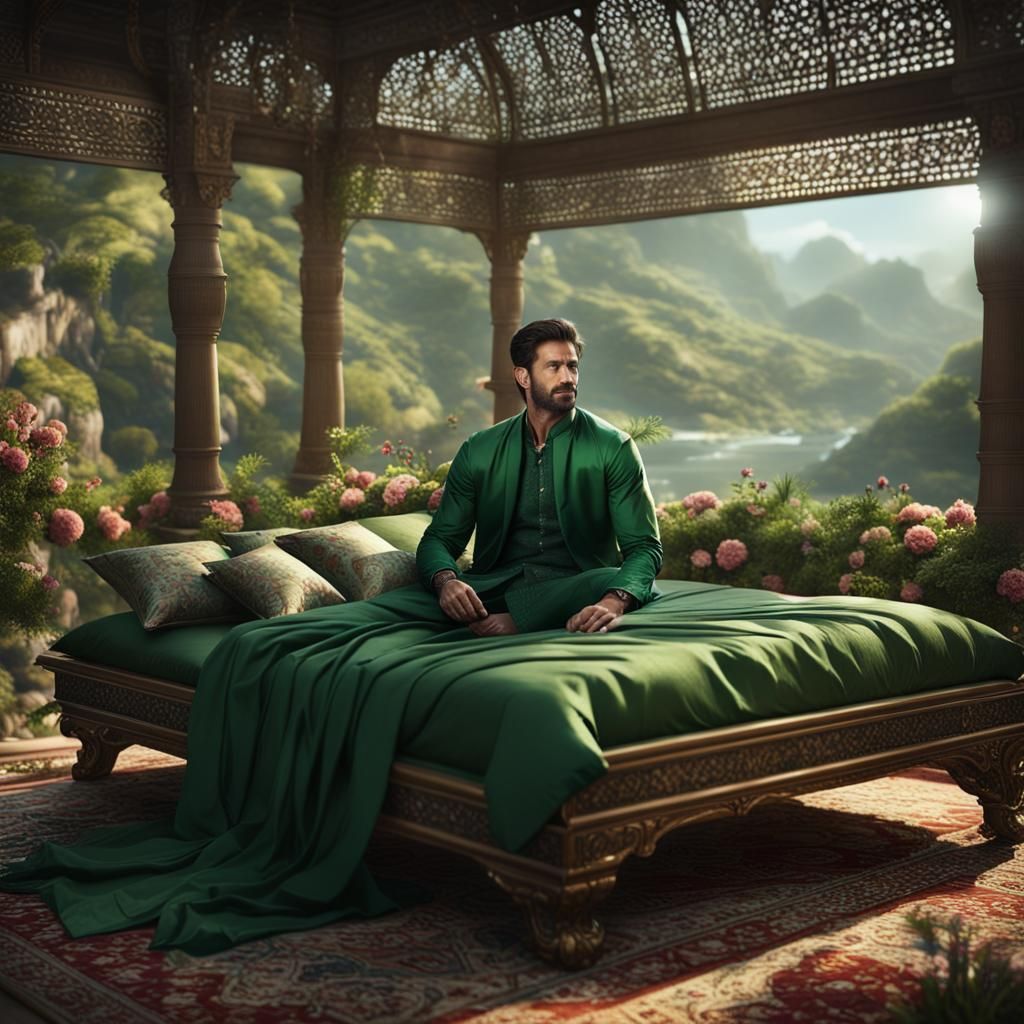 Man in Silk Robes on Elevated Bed in Sky