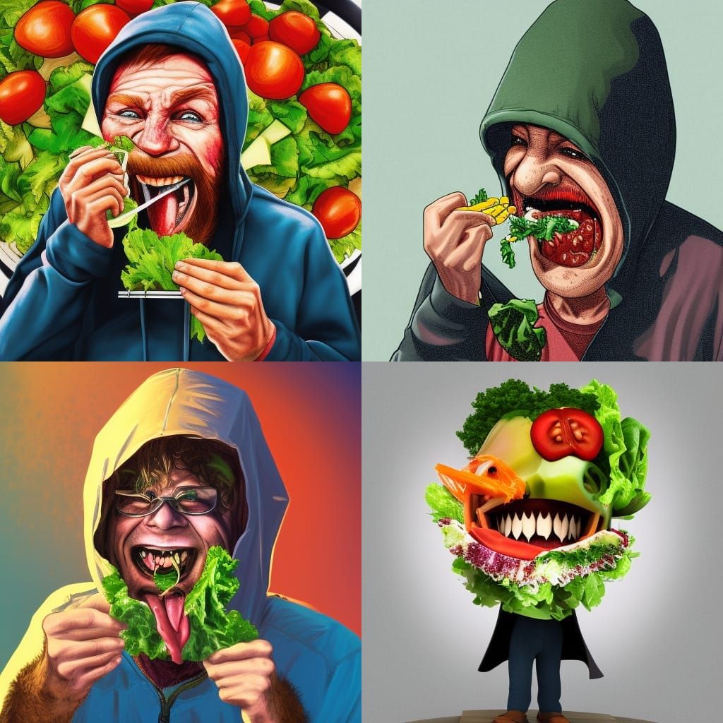 Hyperrealistic Image of Man Laughing Eating Salad
