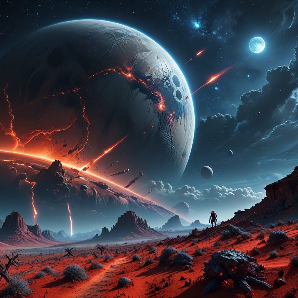 Crimson Alien Landscape with Blue Moon in Science Fantasy Ar...