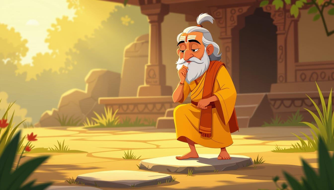 Wise Indian Storyteller in Saffron Robe on Life Path