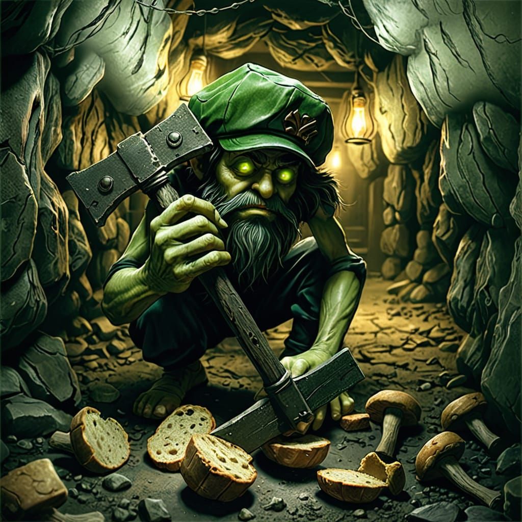 Gnarled Gnome in Abandoned Mine, Moody Oil Painting Style