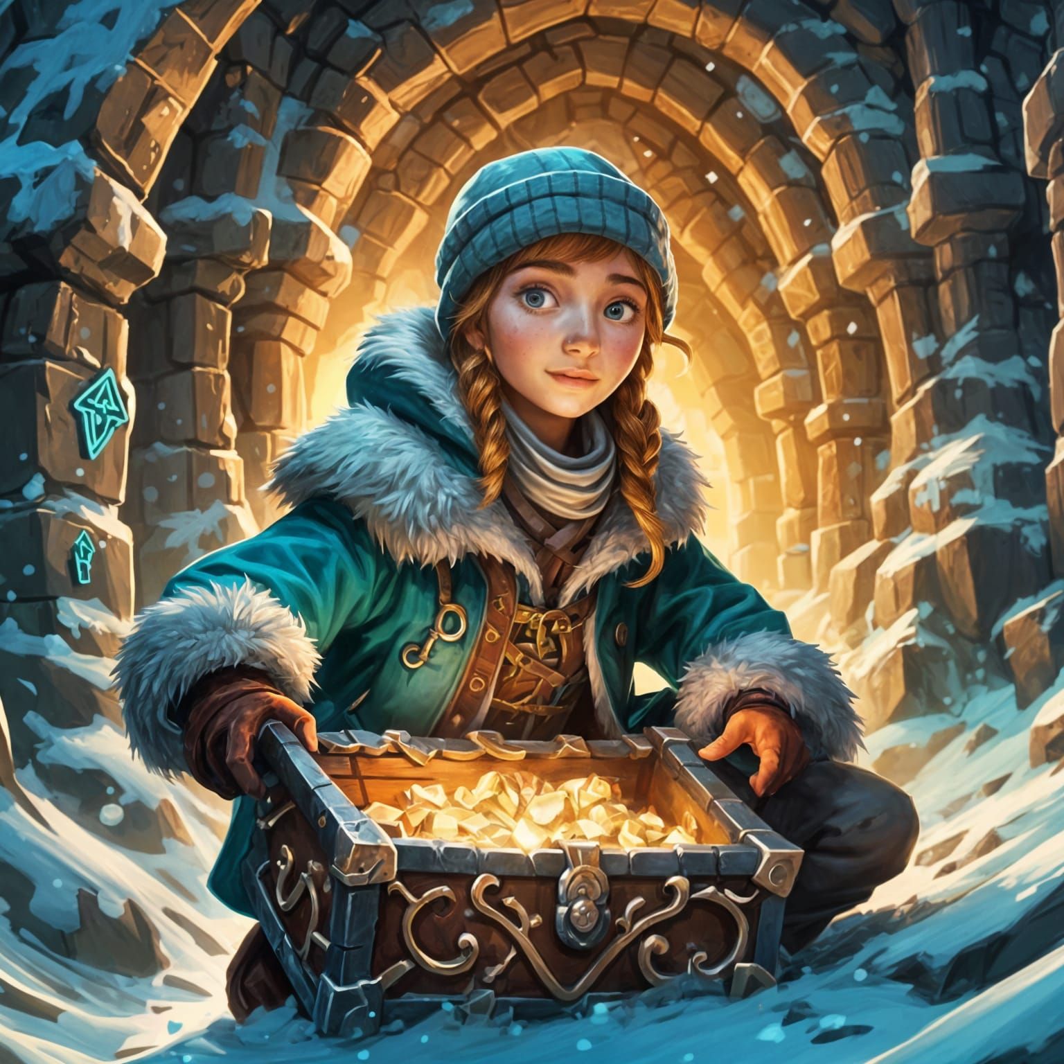 Adventurer Discovering Glowing Chest in Stone Tunnel