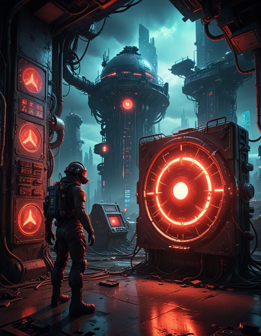 Futuristic Control Room with Postapocalyptic Creature