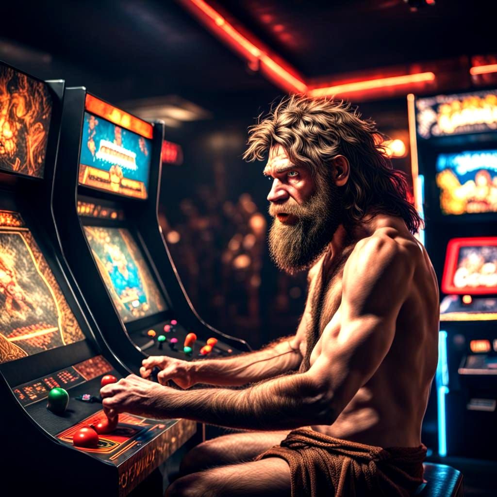 Hyperrealistic Caveman Playing Video Game in Arcade