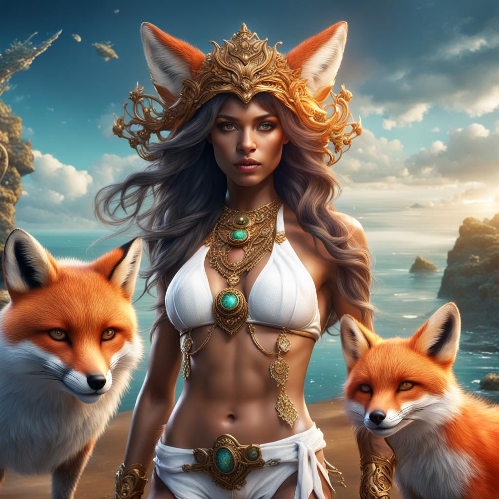 Fox-Faced Woman in White Bikini: Fantasy Art