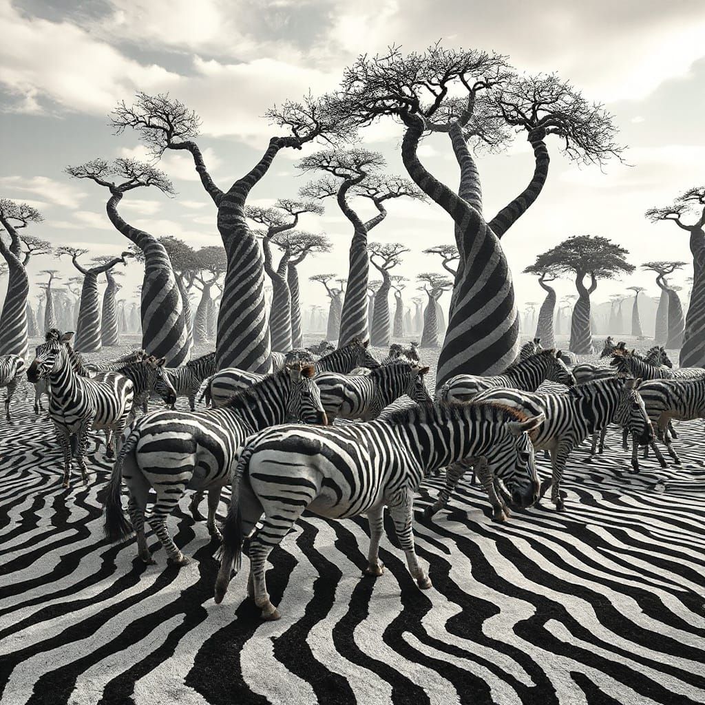 Zebras Roam Through a Striped Dreamscape