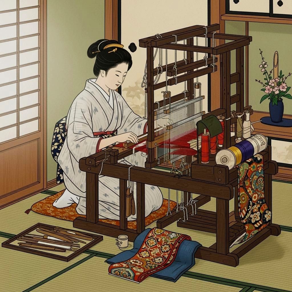 A Japanese woman during the Edo period kneeling at a loom weaving silk for obis.