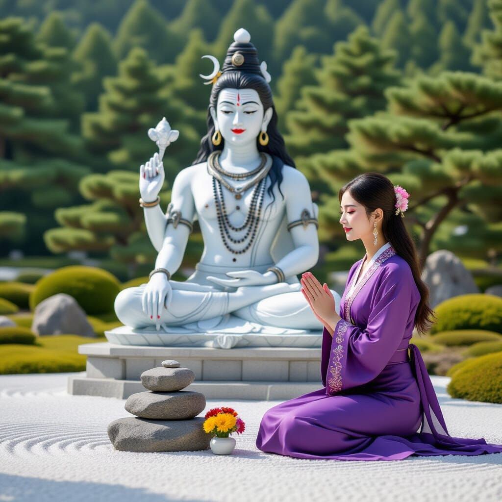 Korean Woman Offers Flowers to Giant Lord Shiva Statue