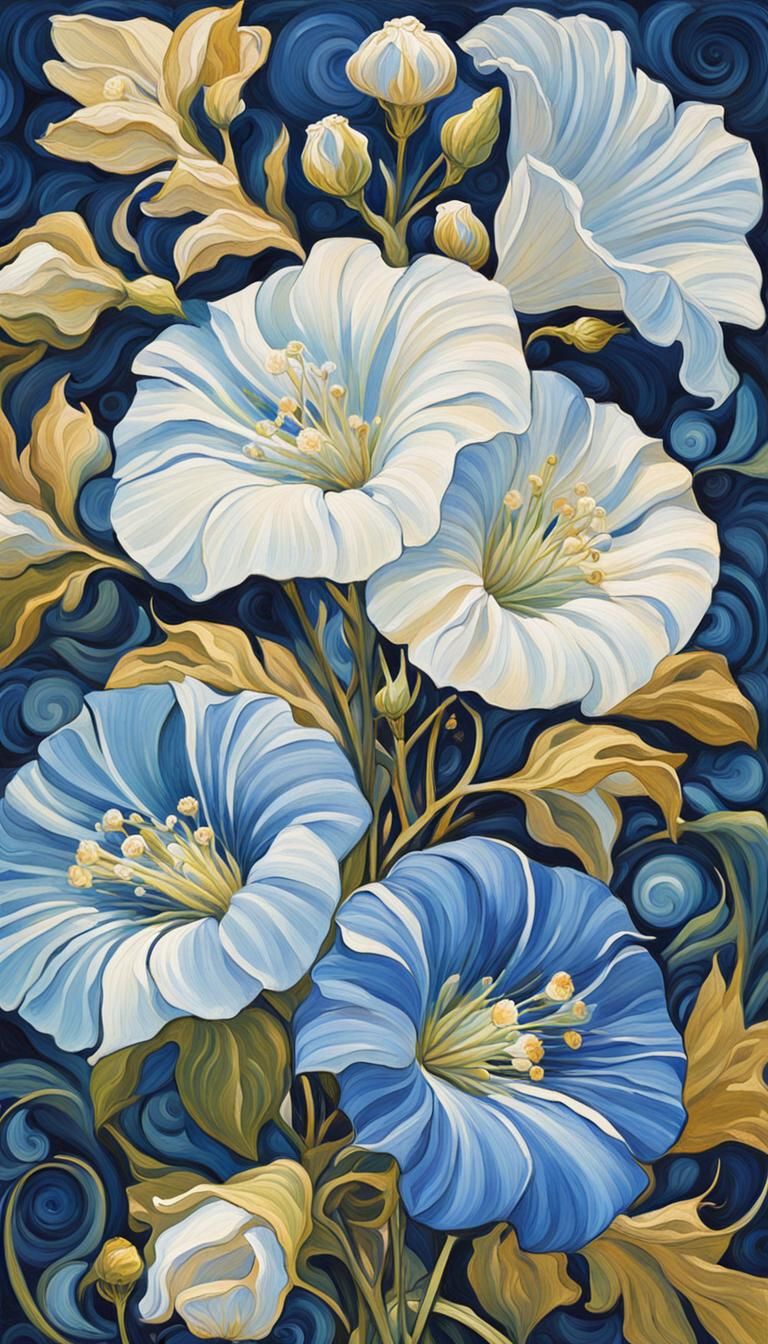 Art Nouveau Blue Convulvulus Flowers in Gouache