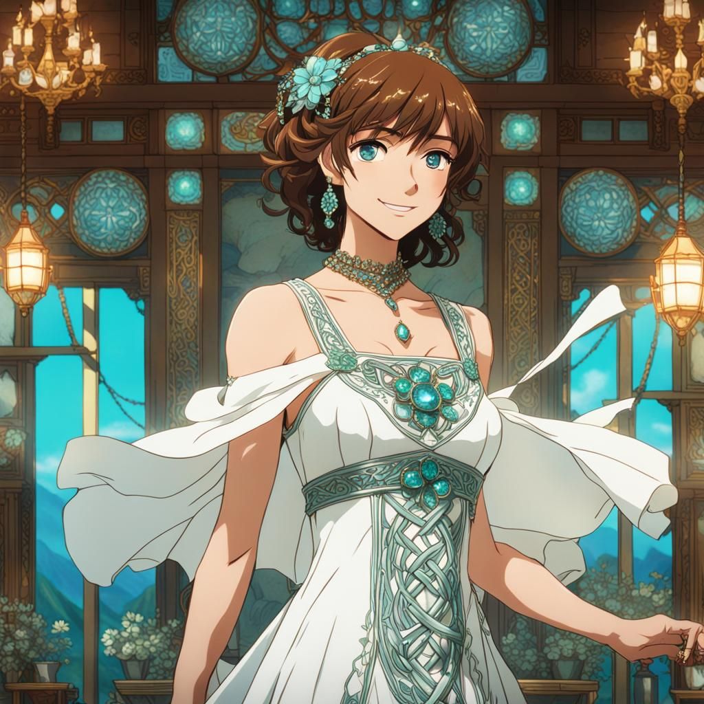 Anime Woman in Celtic Wedding Dress, Studio Ghibli Style