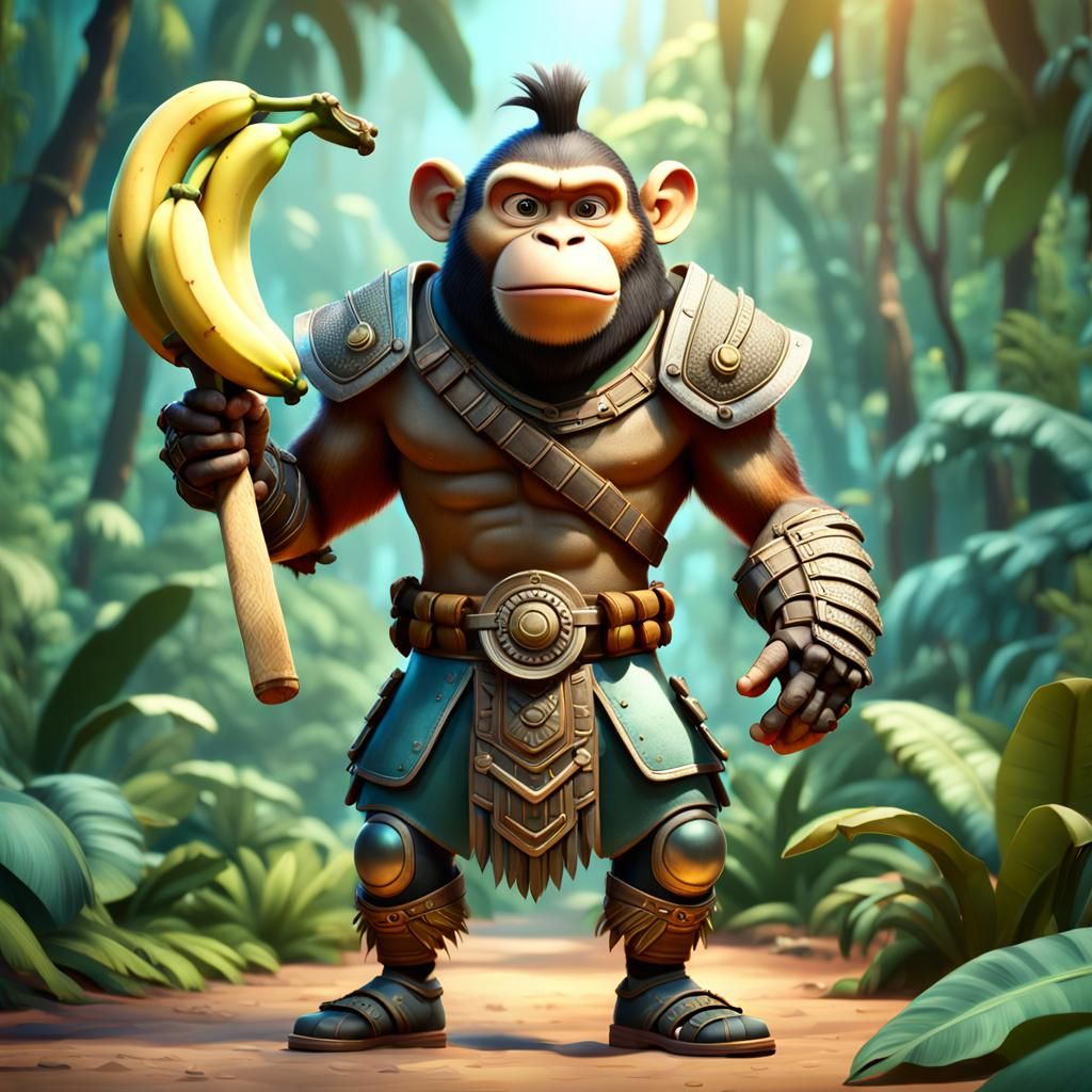 Monkey Warrior with Slingshot, Disney-Style 3D Art