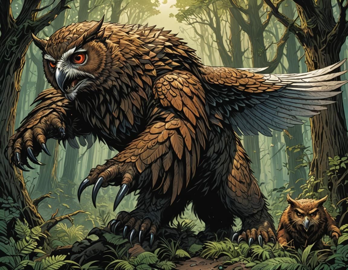 Gothic Dark Fantasy Owl-Bear in Comic Book Style