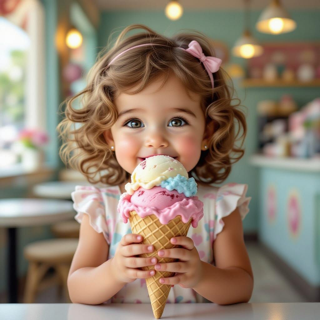 Girl Enjoys Giant Ice Cream Cone in Colorful Shop