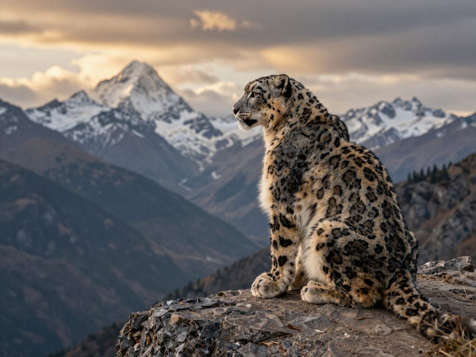 Snow Leopard on Mountain Ledge, Breathtaking Landscape