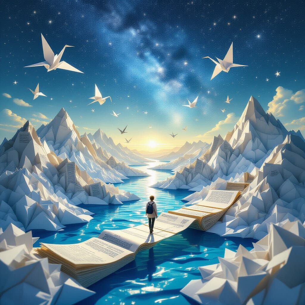 A surreal universe made entirely of paper — floating contine...