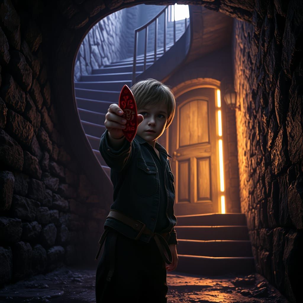 Boy in Basement Reaches for Amulet: Dark Fantasy Art