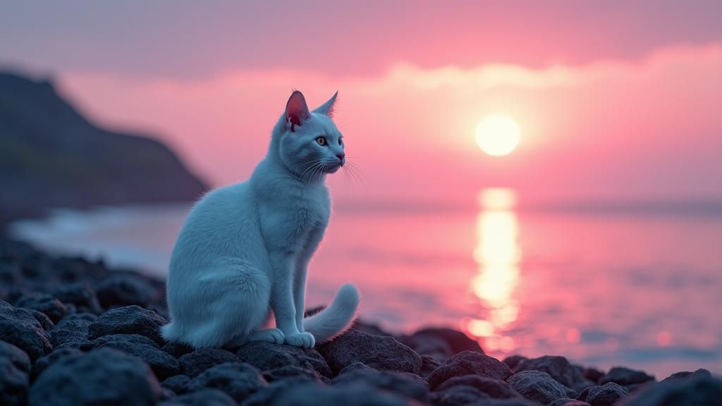 White Cat Under Arctic Midnight Sun