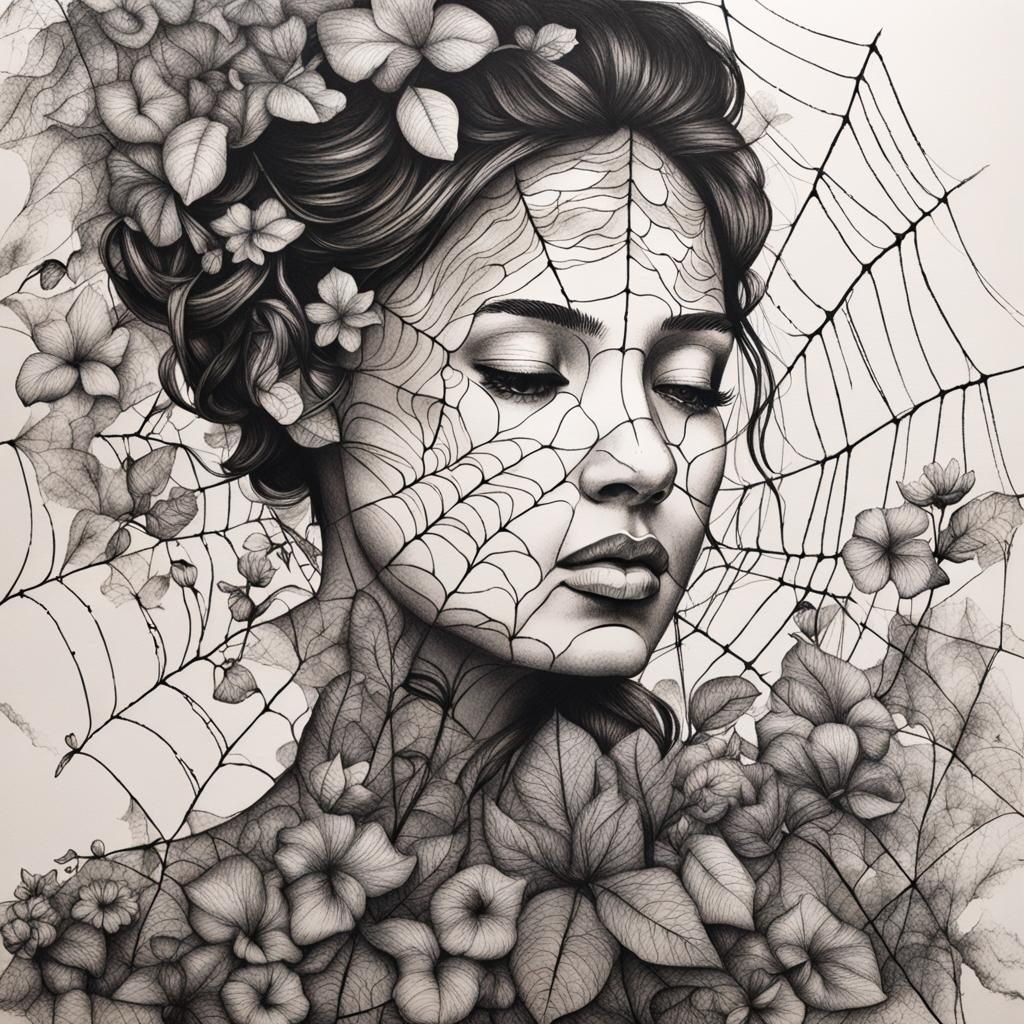 Botanical Ink Drawing of Spiderweb Woman