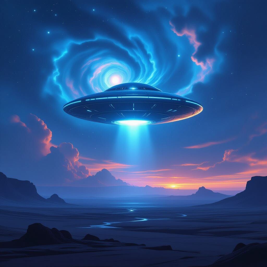 Sleek Metallic UFO Over Alien Landscape
