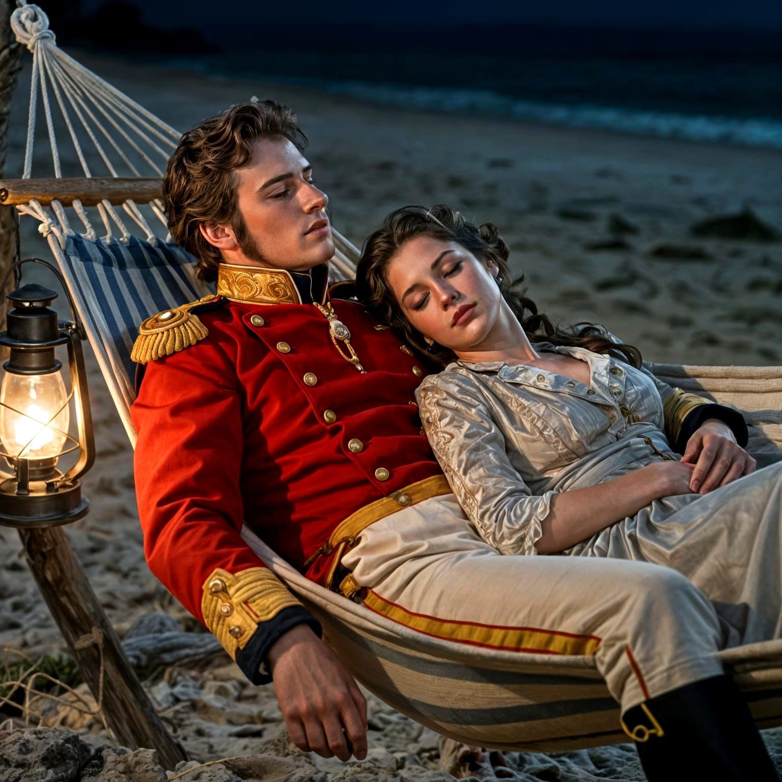 Naval Officer Sleeps on Beach with Wife, Regency Style