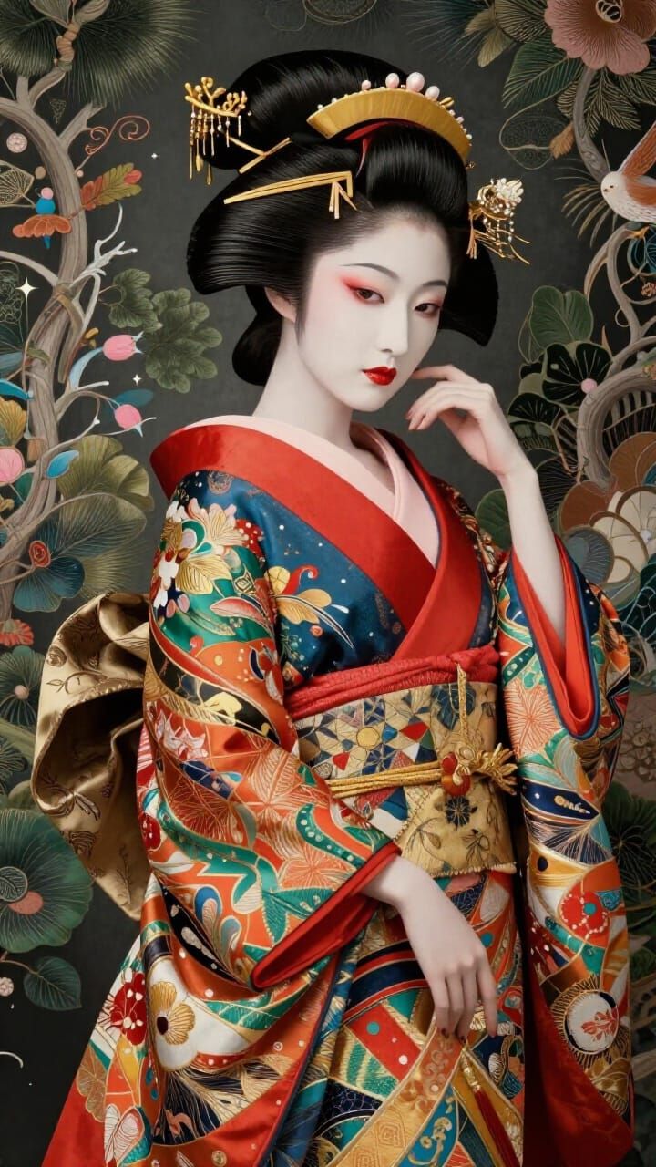 Hyperrealistic Geisha in Ornate Traditional Attire
