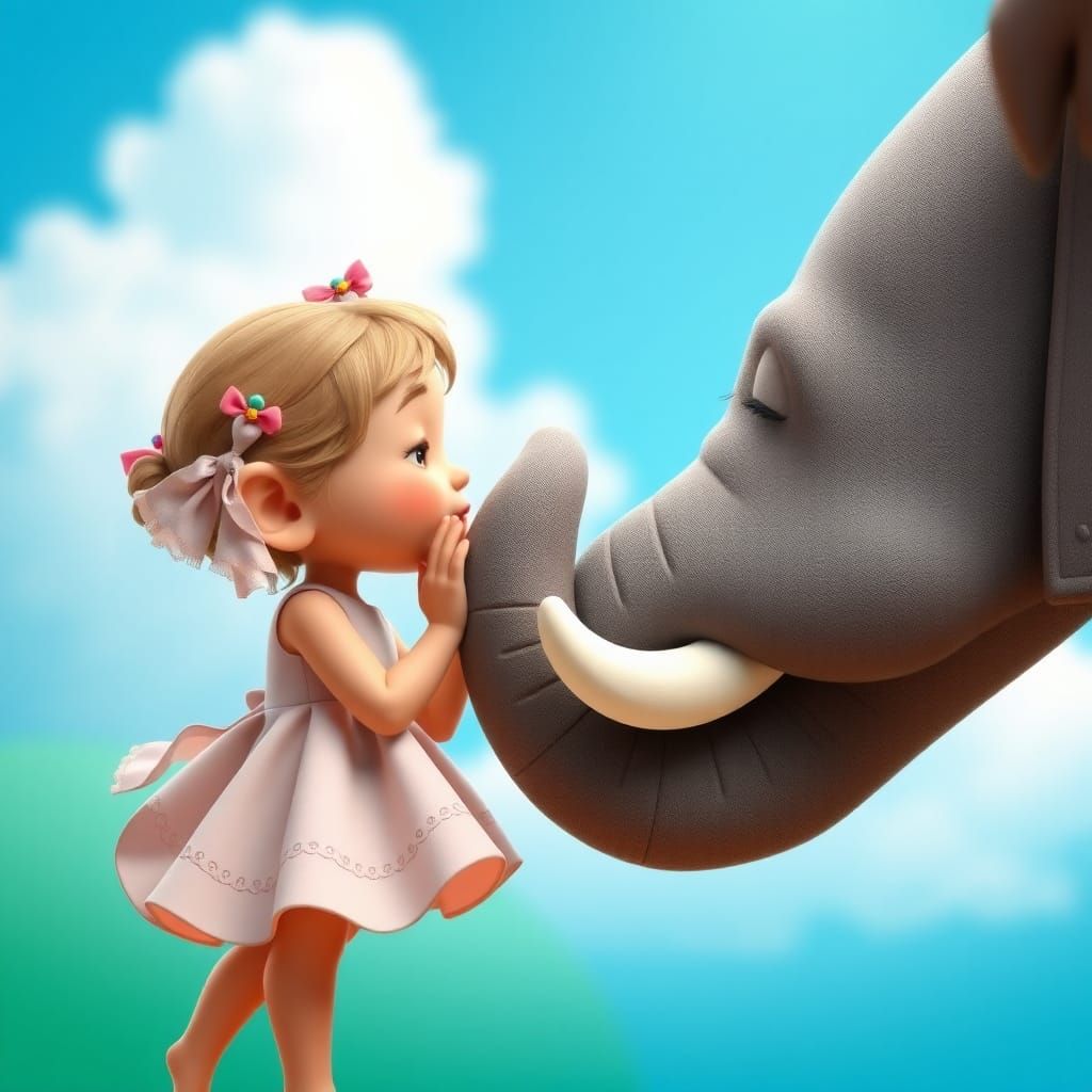 Girl Kissing Elephant in Pixar Disney Style