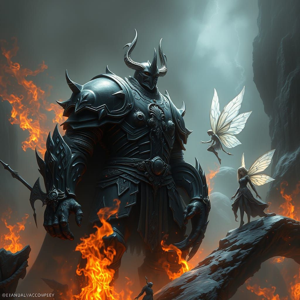 Epic Dark Fantasy Battle: Giant Warrior and Fairy