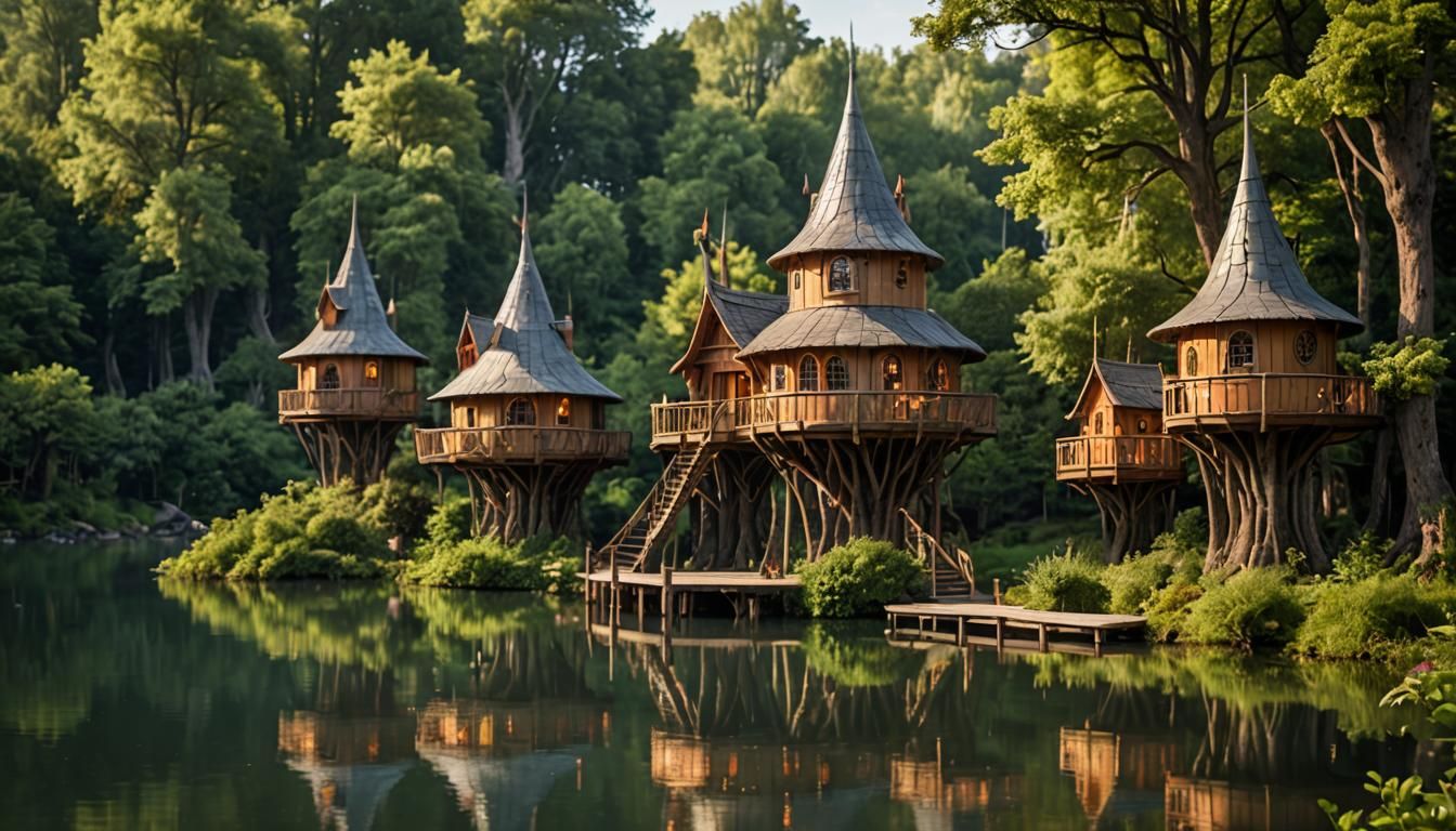Elven Treehouses on Lake in Professional Photography Style