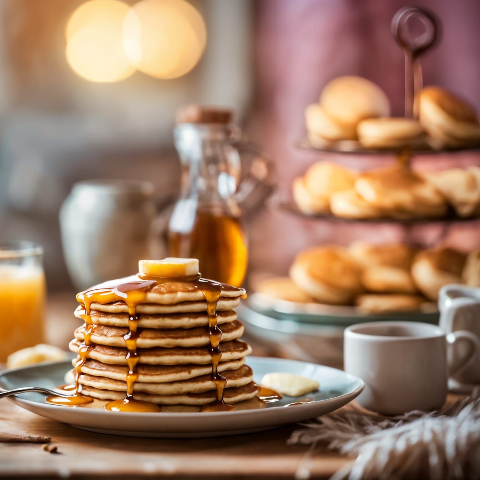 Glowing Pancakes with Cascading Syrup: Soft Focus Photograph...