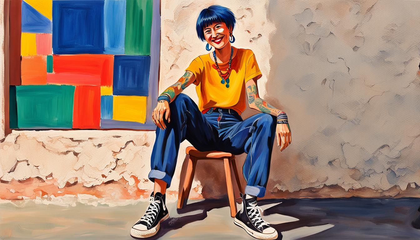 Smiling Tattooed Woman in Gouache Gypsy-Hippie Style