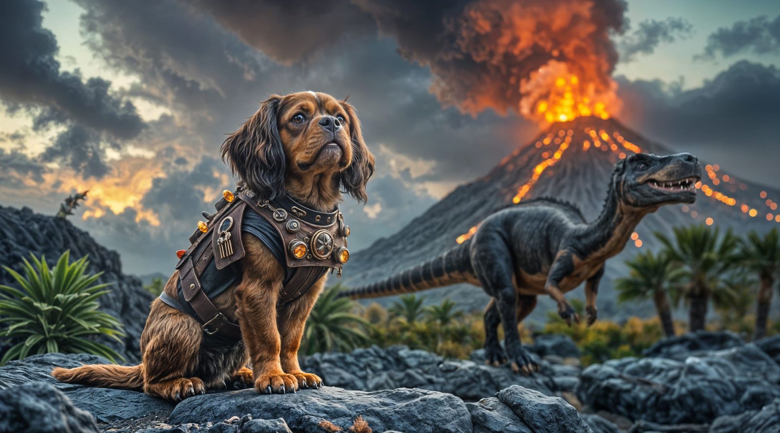 Steampunk Dog with Dinosaur in Volcanic Landscape