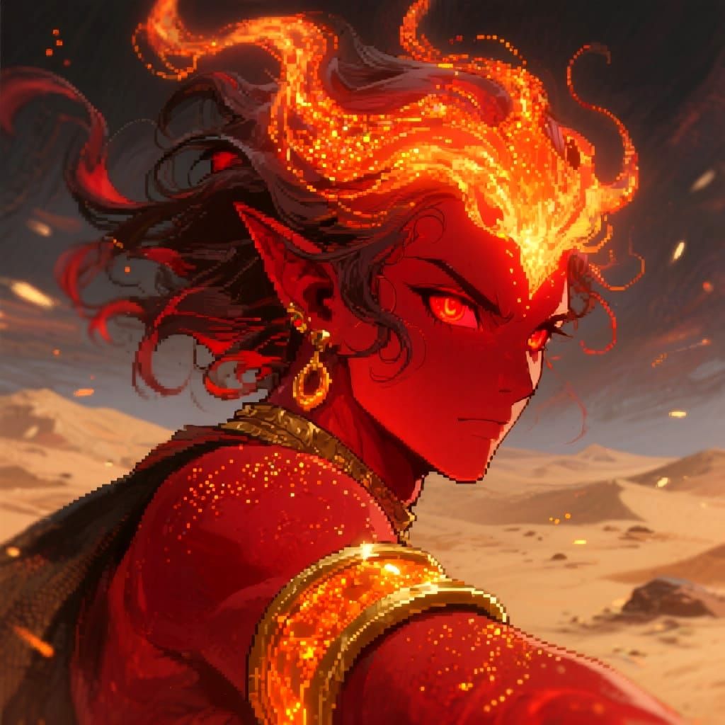 Anime Fire Djinn Portrait in Heroic Realism