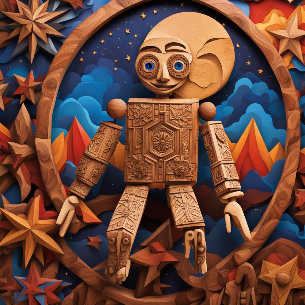 Wooden Puppet Wishes Upon a Star in 3D Digital Art