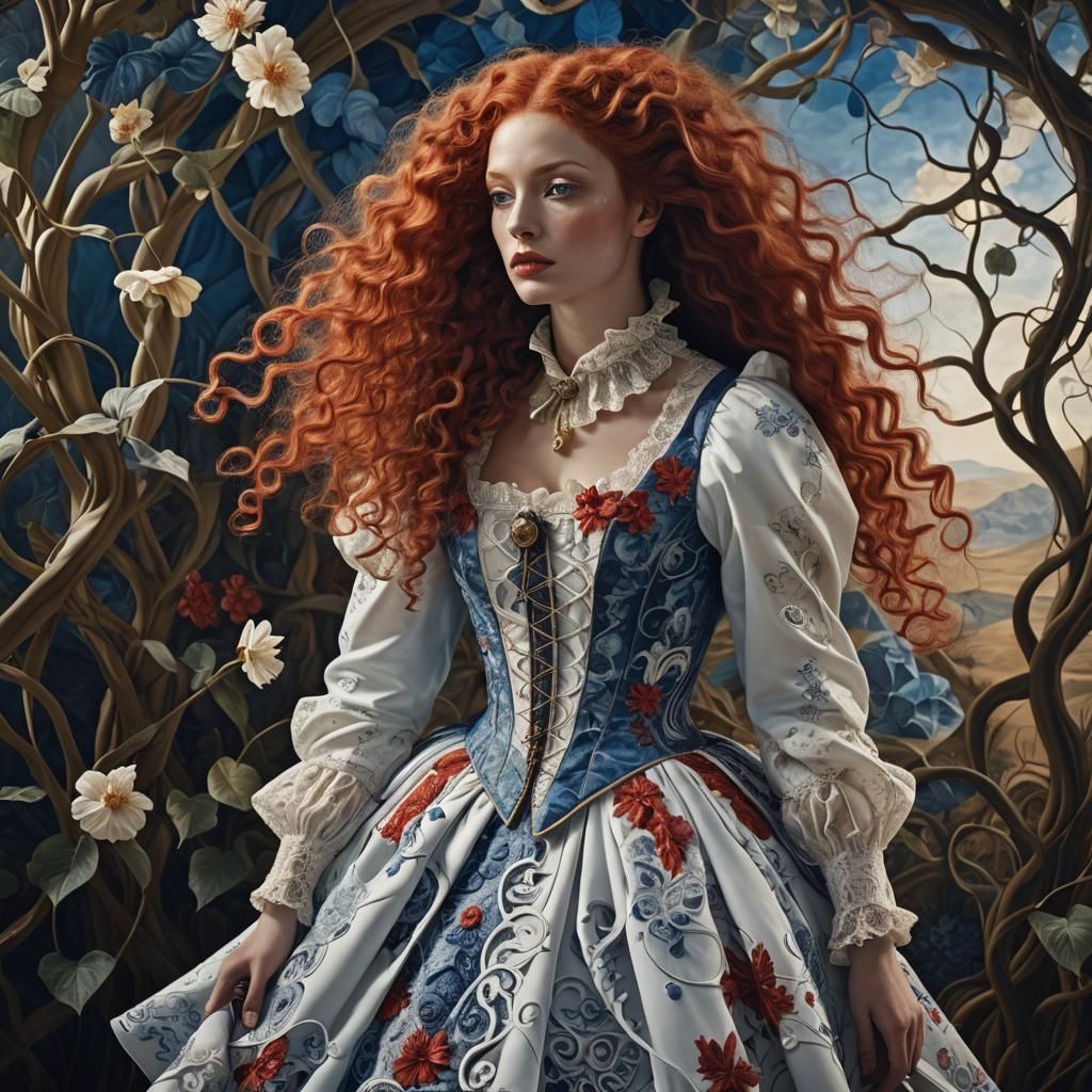 Surreal Woman in Colonial Dress, Dreamlike Portrait