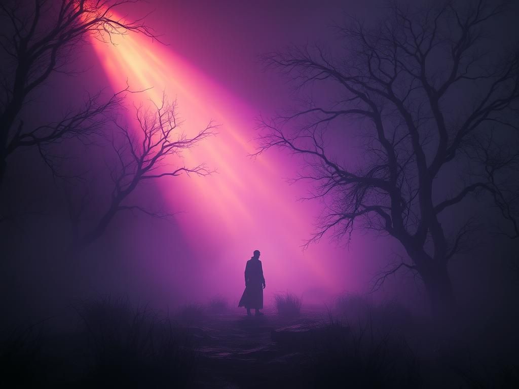 Ethereal Figure in Dark Fantasy Landscape, Art Nouveau