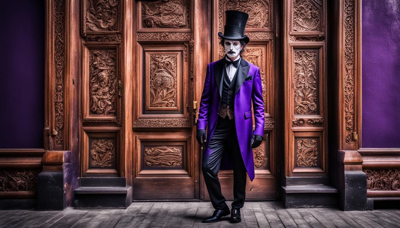 Stilt Walker in Purple Suit with Carved Door