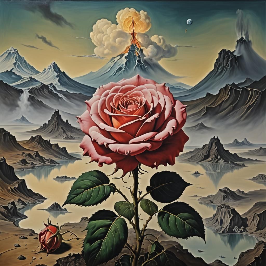 Surreal Rose Volcano Heart: Salvador Dali Style