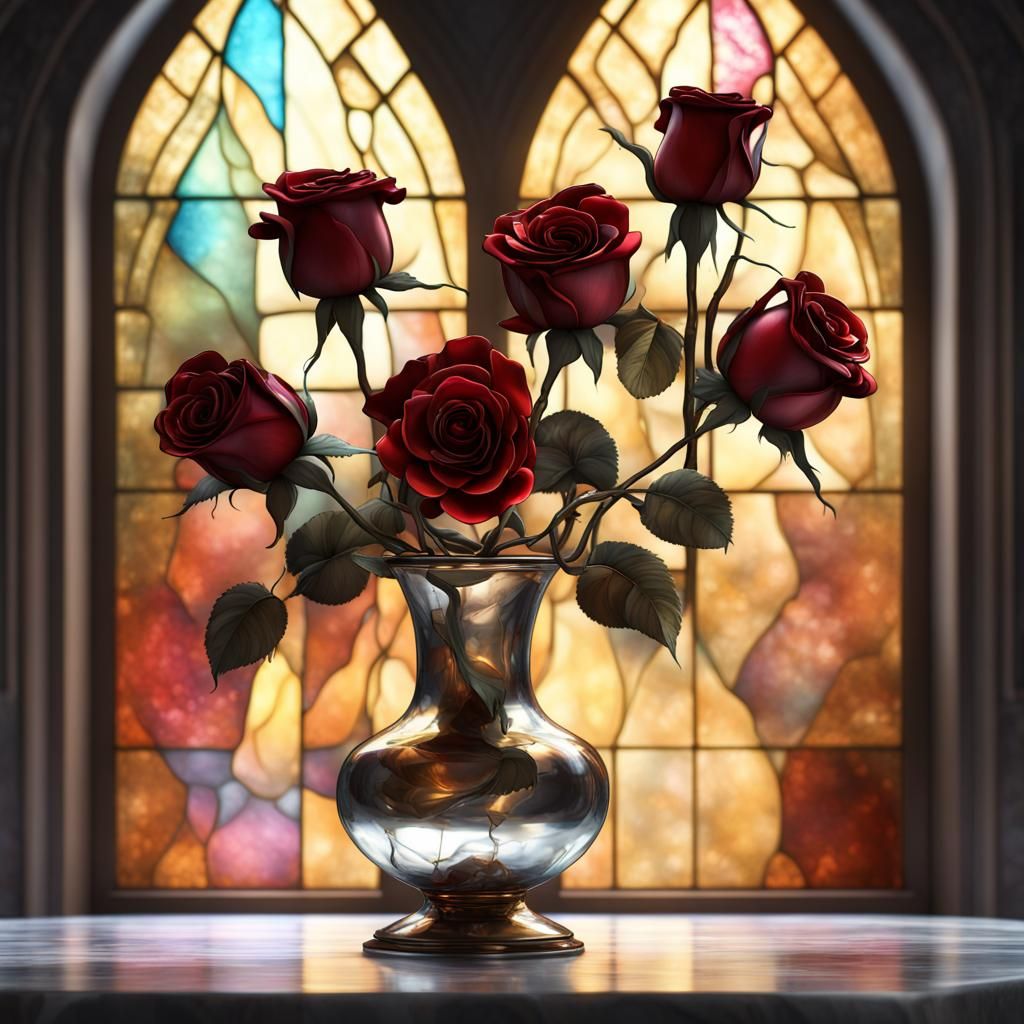 Metallic Roses Illuminated by Stained Glass, Digital Art