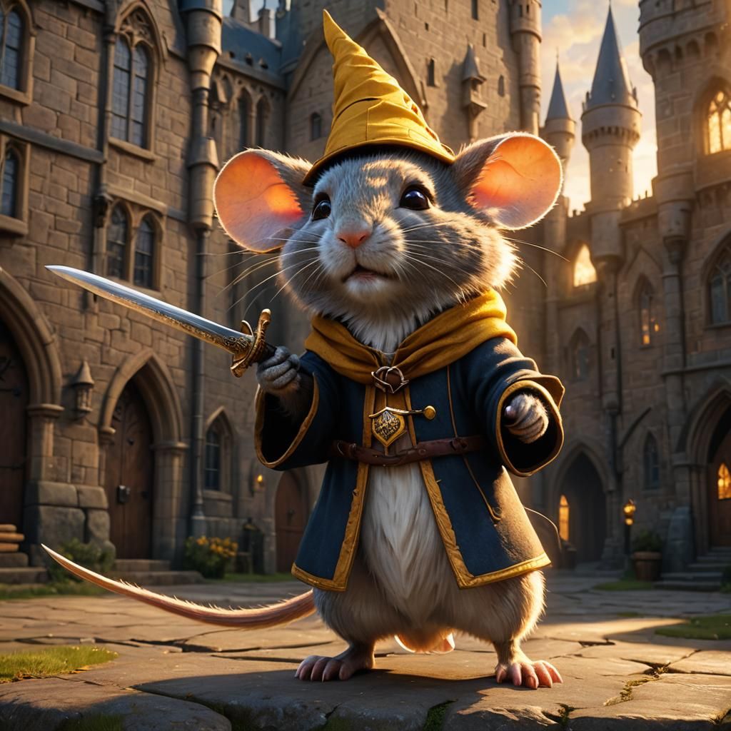 Alarmed Mouse Wizard with Sword, Hogwarts in Distance