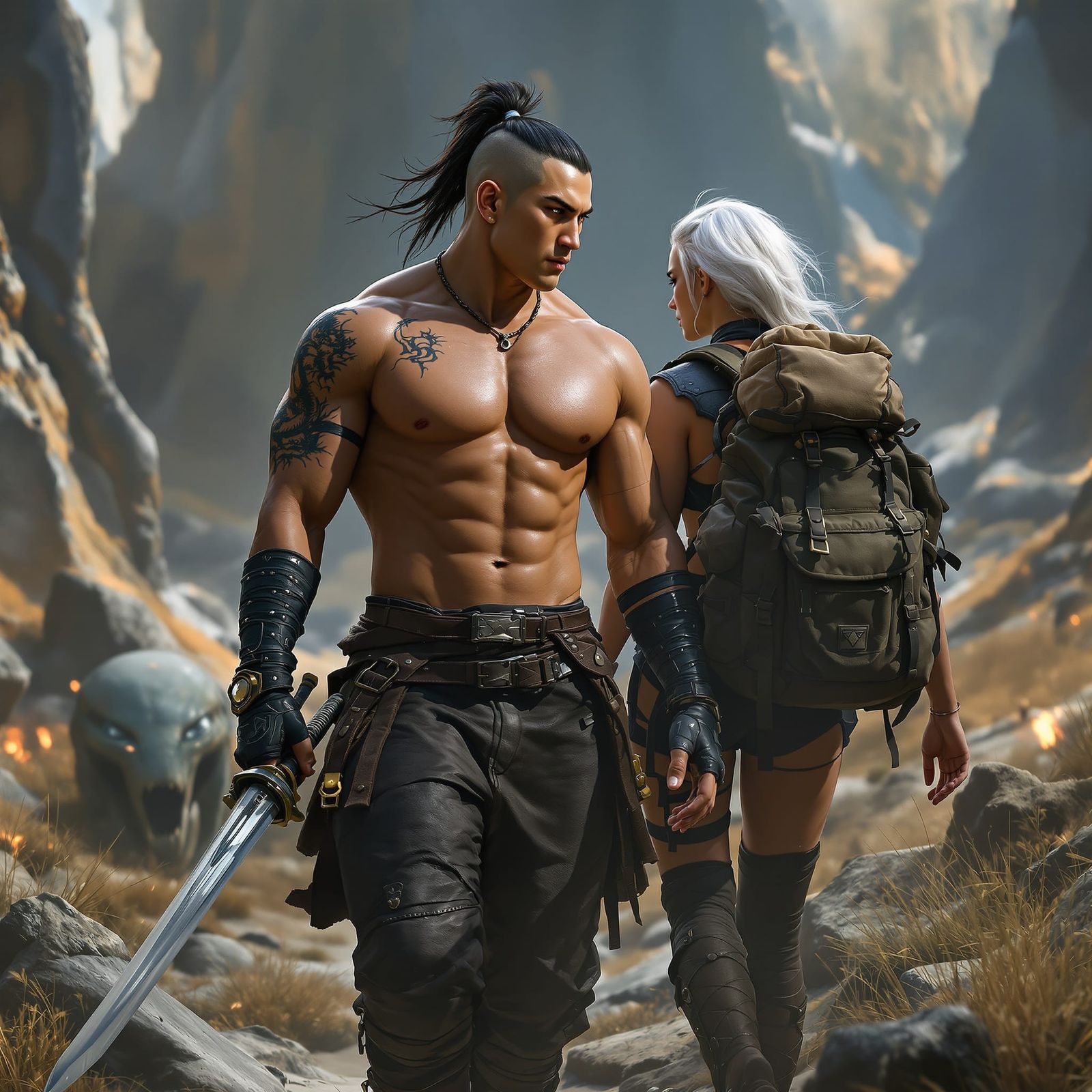 Muscular Swordsman and Boyfriend on Alien Planet