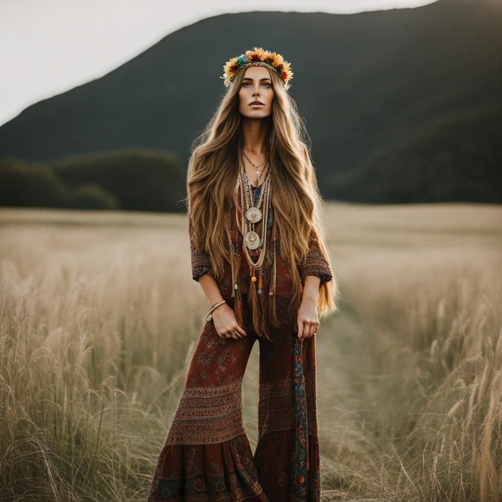 Bohemian Hippie with Long Hair, Full Body Shot