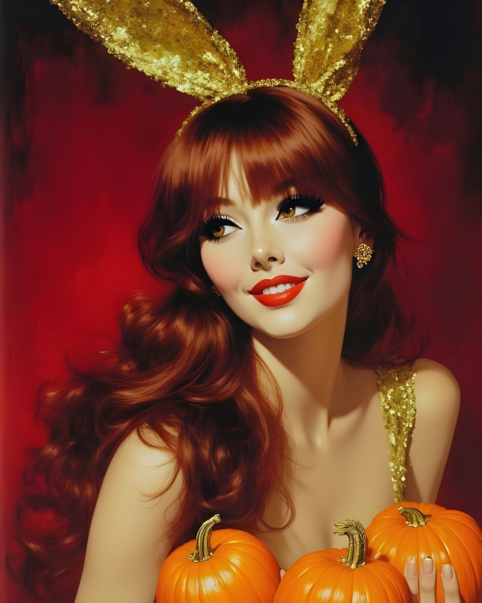 Cosplay Model in Gold Bunny Costume with Pumpkins